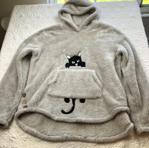 Womens sz XL Light Grey Fleece Fluffy Cat Hooded Sweatshirt Hoodie Jacket Coat - Picture 1 of 8