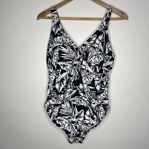 Ann Cole Women's One Piece Swimwear Swim suit 16W Black White Palm Leaf Floral - Picture 1 of 8