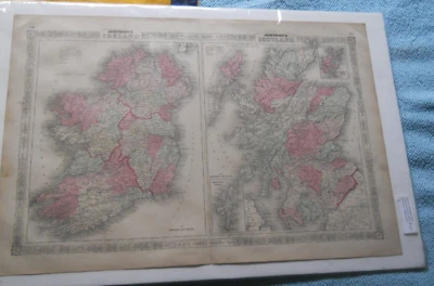 Scotland & Ireland (2 maps on one sheet) JOHNSON & WARD 1868 - large folio map - Image 1 of 4