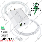 USB PD Type C Cable 20W Fast Charger Wall Adapter For Samsung Google iPhone iPad
