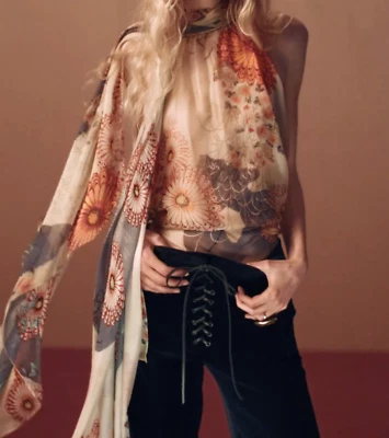 Zara x Kate Moss 100% Silk Scarf Top Floral Pastel Yellow S M L 9637/664 New - Image 1 of 4