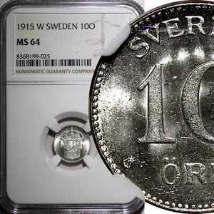 Sweden Gustaf V (1908-1950) Silver 1915 W 10 Ore NGC MS64 SCARCE KM# 780 (025) - Picture 1 of 5