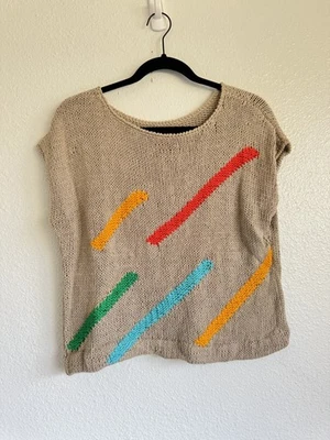 VTG Coogi Style Ms Russ Knit Sweater SS 80’s Graphic Tan Multicolored Medium - Image 1 of 4