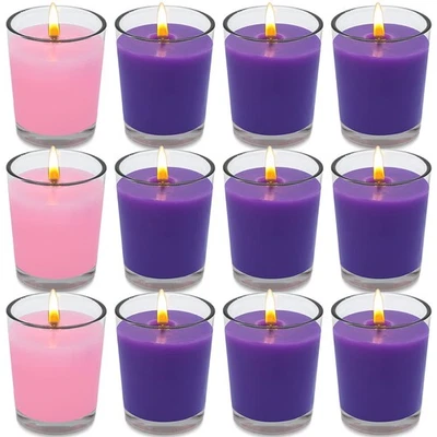 12 Packs Christmas Advent Votive Candles in Glass, Unscented 9 Purple and 3 Pink - Image 1 of 4