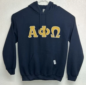 Alpha Phi Omega Navy Blue And Gold Hooded Sweatshirt Sz Medium Greeklife Threads - Picture 1 of 6