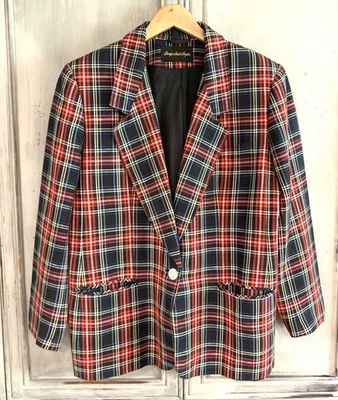 Giorgio Sant’Angelo Vtg. Red Black Tartan Plaid Blazer Jacket Sz 12 - Image 1 of 4