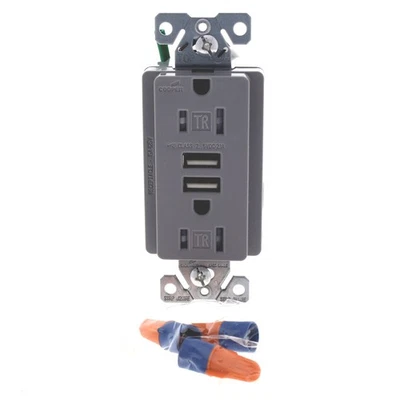 Cooper Gray Tamper Resistant 15A Receptacle Outlet w/ 2.1A USB Charger TR7745GY - Image 1 of 3