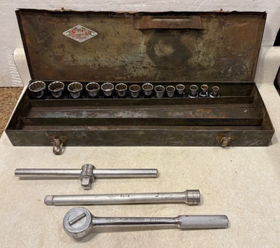 Vintage SK TOOLS 1/2" Drive Socket Set 17pc SHERMAN KLOVE W/ Metal Box USA S-K - Image 1 of 4