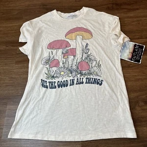 See the Good in all Things Mushrooms Beige Graphic T-Shirt NEW Outlaw Brand SM - Picture 1 of 8