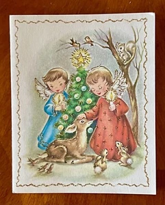 VINTAGE UNBENUTZTE Weihnachtskarte GLITZER HÜBSCHES MÄDCHEN ENGEL BAUM HIRSCH Krönung - Bild 1 von 3
