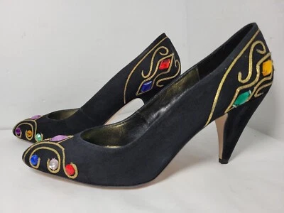 Tacones vintage años 80 90 J. Renee gamuza negra tono dorado bordados con joyas 7,5 N Foto 1 de 4
