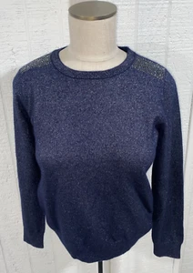 PURE Cashmere Blue Crew Neck Sweater Silver Metallic Rhinestone Bling Sz 4 NWOT - Picture 1 of 11