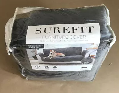 Sure Fit Soft Velvet Floral Pinsonic Patterned Loveseat Cover Gray - Pet Cover - Image 1 of 4