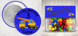 PERSONALIZED BIRTHDAY BUTTON PIN & FAVOR BAG TOPPERS SET - CONSTRUCTION TRUCK - Picture 1 of 4