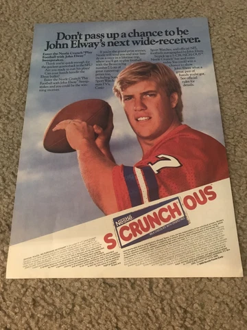 Vintage 1989 JOHN ELWAY NESTLE CRUCH Poster Print Ad 1980s DENVER BRONCOS Cover
