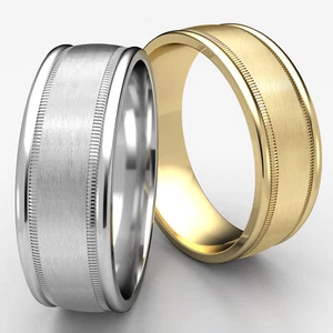Satin Finished Center Men's Women's Milgrain 8mm Wedding Band White Gold Ring - Picture 1 of 16