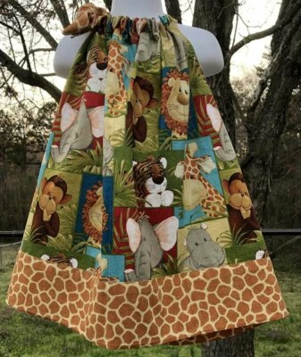 Safari Jungle Zoo Dress Monkey Giraffe Lion Elephant Tiger Handcrafted Sundress - Image 1 of 4