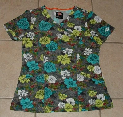 DICKIES Floral Print Sz Small Stretchy Nurse Medical Hospital Uniform Scrub Top - Image 1 of 2