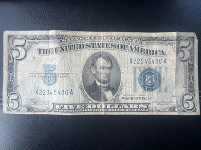 Rare 1934 $5 Silver Certificate Blue Seal Note – Series D Lincoln Portrait - Image 1 of 2
