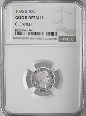 СЕРЕБРЯНАЯ МОНЕТА НОМИНАЛОМ 10 ЦЕНТОВ 1896-S С ИЗОБРАЖЕНИЕМ ЦИРЮЛЬНИКА NGC ХОРОШИЕ ДЕТАЛИ «ОЧИЩЕННАЯ» 8404752-002 - Изображение 1 из 4