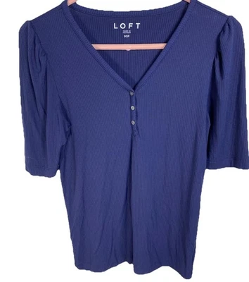 Loft V Neck Short Sleeve Button Blouse Top Navy Blue Women’s Medium Petite - Image 1 of 4