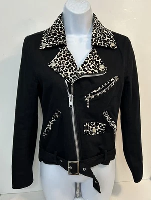 Hell Cat Punks Not Dead Original Black w/ Leopard Trim Lined Denim Jacket - S - Image 1 of 4