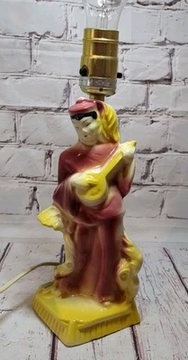 Vintage 50s-60s Ceramic Lamp Chinese Oriental Asian Figure Playing A Lute Works - Image 1 of 4