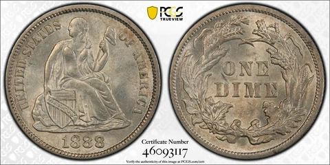 1888 SEATED LIBERTY DIME PCGS MS 64 SHIMMERING SILVER SATIN LUSTER WITH A HINT Cover
