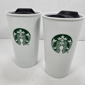 2 Starbucks White Mermaid Siren Logo 10 oz. Keramik Reise Kaffeebecher mit Deckel - Bild 1 von 10