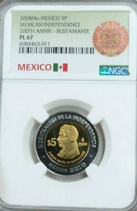 2008 MEXICO 5 PESOS MEXICAN INDEPENDENCE CARLOS BUSTAMANTE NGC PL 67 TOP POP - Picture 1 of 3