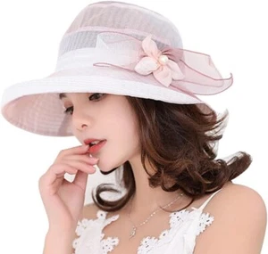 Women Organza Church Cloche Hat Bowler Bucket Bowknot Sun Large, Pink - Picture 1 of 7