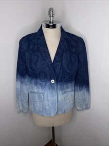 Giacca jeans Chico's platino denim blu donna taglia 1 M 8 ombre paisley dip dye - Foto 1 di 5