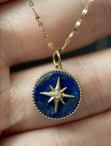 GEMOLIO 14K Gold Lapis Lazuli Starburst Necklace w/ 0.02ct Diamond 18" Chain - Picture 1 of 10