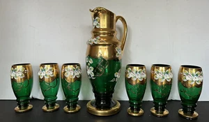 Vtg Bohemian Emerald Green 24k Gold Pained Flowers Water Pitcher & Glass Set - Picture 1 of 24