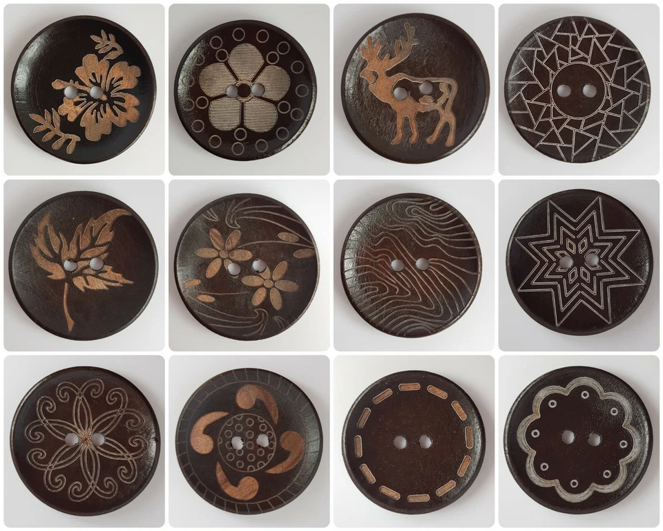 LUXURY LARGE WOODEN COFFEE BROWN BUTTONS - 35mm, NATURAL, CARVED PATTERN, UK - Image 1 of 1
