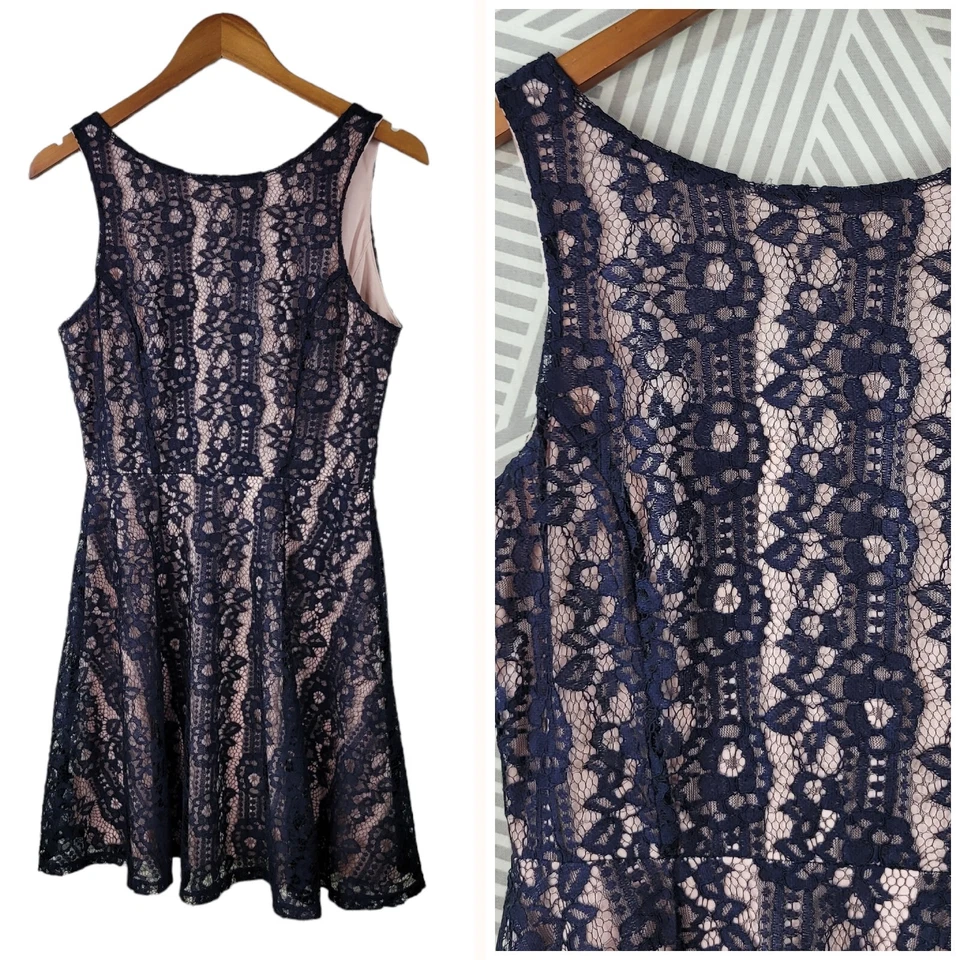 Speechless Lace Dress Juniors Size Large cocktail Lined party Navy Blue Pink - Image 1 of 4