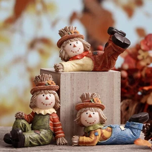 Set of 3 Fall Harvest Scarecrow Figurine Statue Thanksgiving Autumn Table Decor - Picture 1 of 6