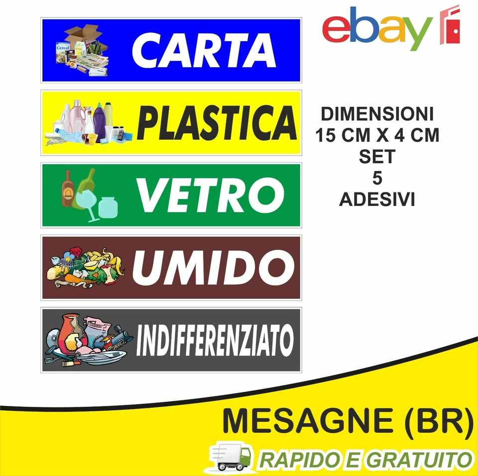 5 ADESIVI PVC DIFFERENZIATA BIDONI ESTERNO RACCOLTA SPAZZATURA NOVITA' ADESIVO  - Image 1 of 1