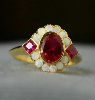 3.50Ct Lab Created Oval Red Ruby & Fire Opal Wedding Ring 14K Yellow Gold Finis - Image 1 of 4
