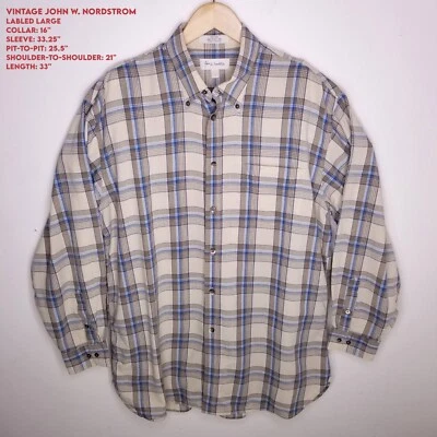 VTG John W. Nordstrom Men LARGE 16x33 Brown Blue Ran Plaid long sleeve casual - Image 1 of 4