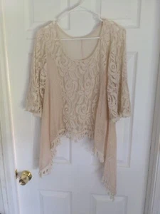 Silk & Lace Floral Blouse Cream Neutral Boho Artsy Drape Muted Whimsical Breezy - Picture 1 of 7
