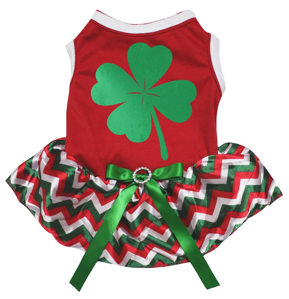 Clover Leaf Red Cotton Top Red White Green Chevron Tutu Pet Dog Puppy Dress - Image 1 of 1
