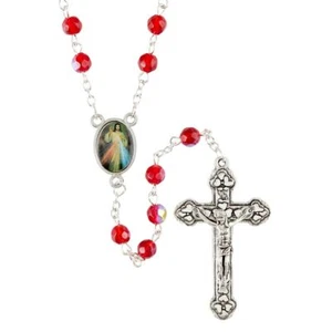 Divine Mercy Ruby Glass Bead Rosary With Gift Box (J5957) 21" Long - Picture 1 of 1