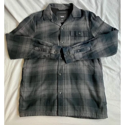 Chaqueta Vans Classic Fit Gruesa a Cuadros Pequeña Negra Gris Botón Franela Frontal Foto 1 de 4