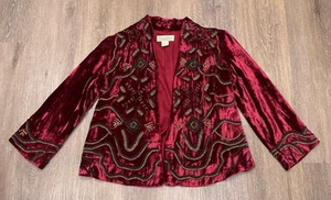 Lucky Brand Jacket Womens XS Small Velvet Beaded Boho Festival Open Front Red - Picture 1 of 15