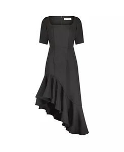 MAC DUGGAL Kleid schwarz Krepp 3/4 Ärmel asymmetrischer Saum NEU Neu mit Etikett - Bild 1 von 11