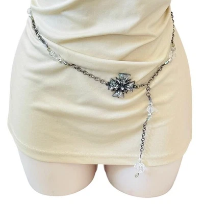 Metal God silver tone metal chain Cross Belt Chunky Crystal beaded Jeweled 40" - Image 1 of 4