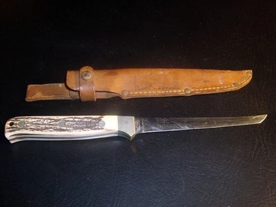 Cuchillo de filete vintage Schrade EE. UU. tío Henry # 167 - funda de cuero - mango de hueso Foto 1 de 3