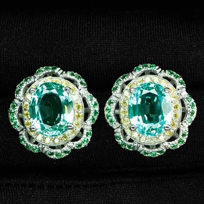 Bluish Green Paraiba Tourmaline 7.46Ct 925 Sterling Silver White Gold Earrings - Image 1 of 4