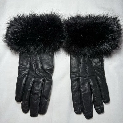 Banana Republic Black Leather Dress Gloves Wool Lined Size Small Faux Fur - Image 1 of 4